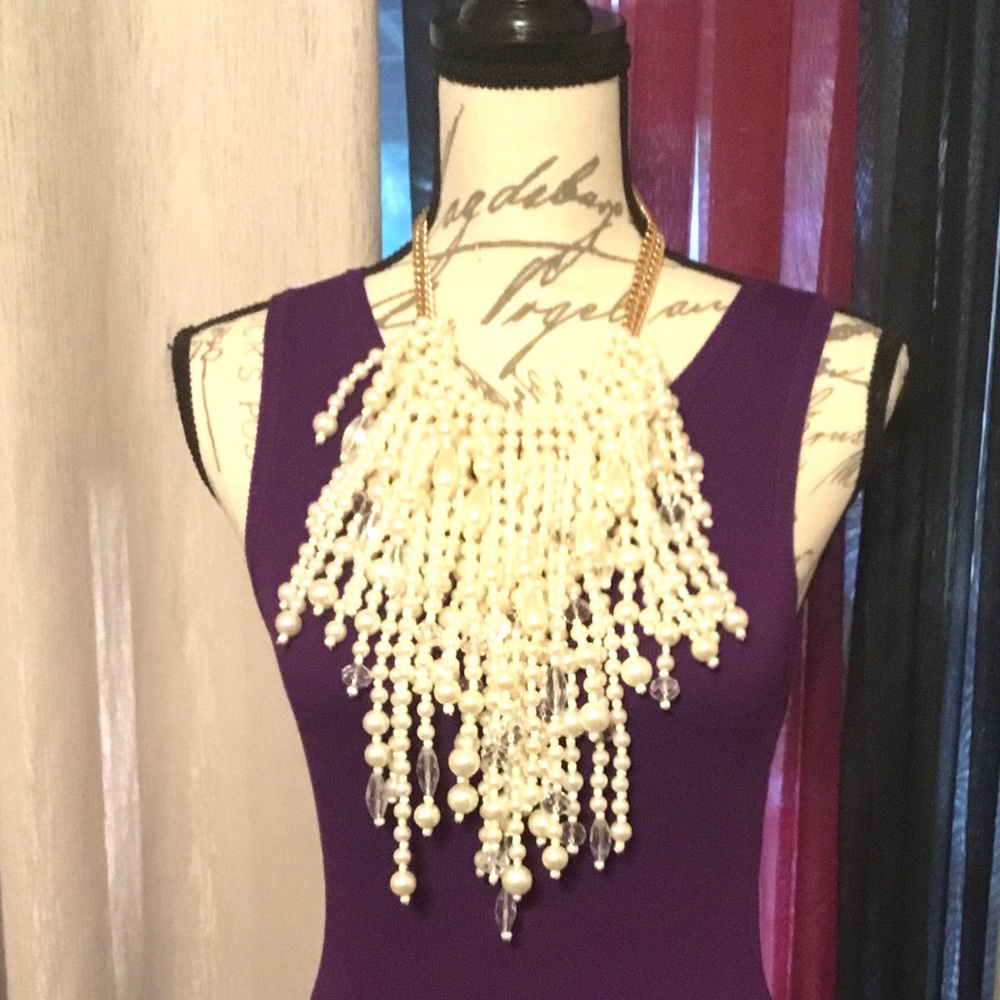 Diamond & Pearl Fringe Bib Statement Necklace